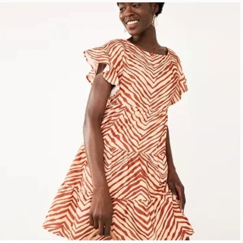 Nine West Zebra Striped Babydoll Dress in Brown and Tan: Size Medium